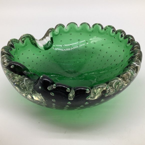 Murano MCM Handblown Bullicante Emerald Green Glass Ashtray/Bowl - Picture 4 of 12